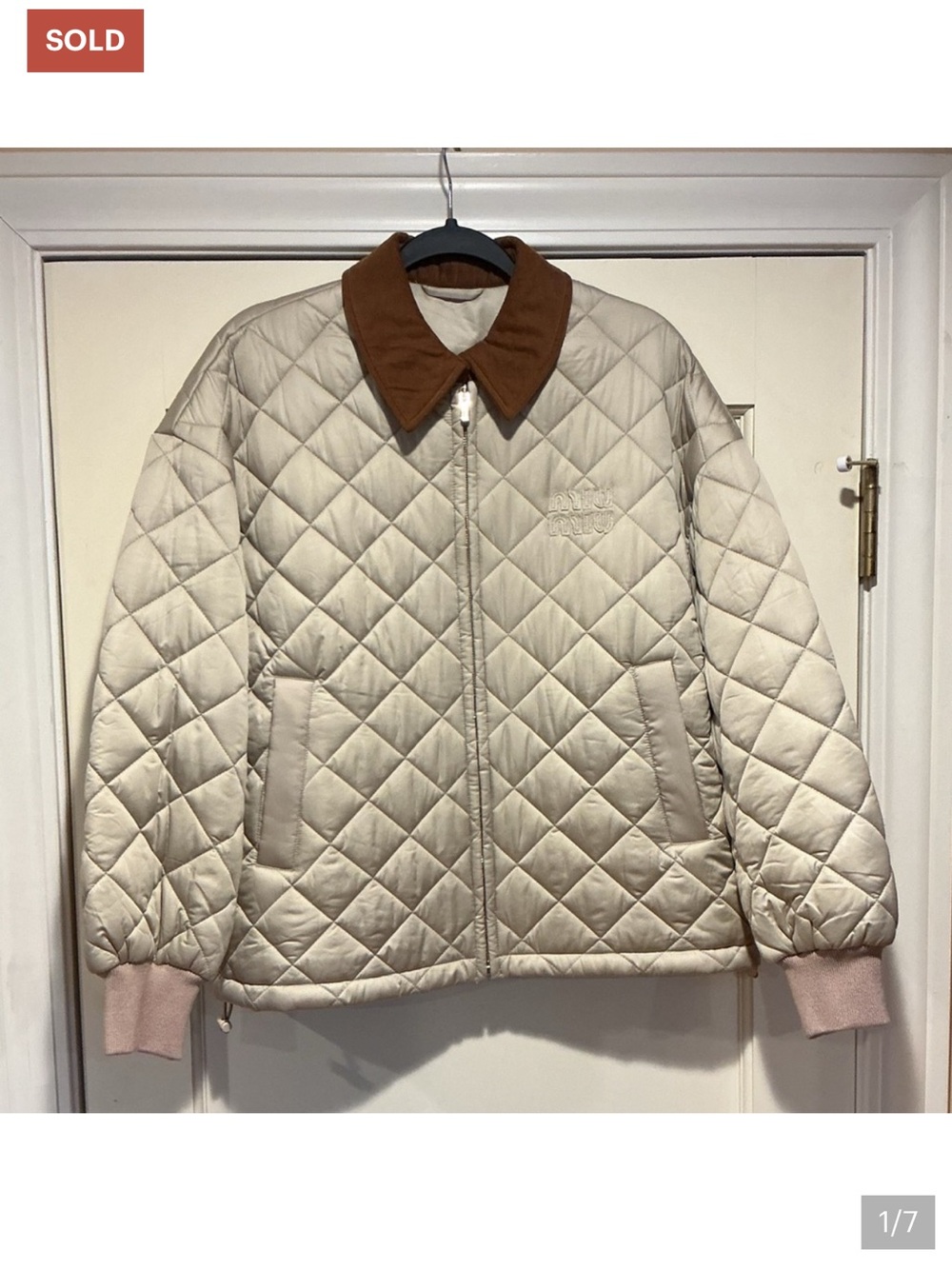 NWOT Miu Miu Quilted Cream Jacket with Brown Collar Size L /40